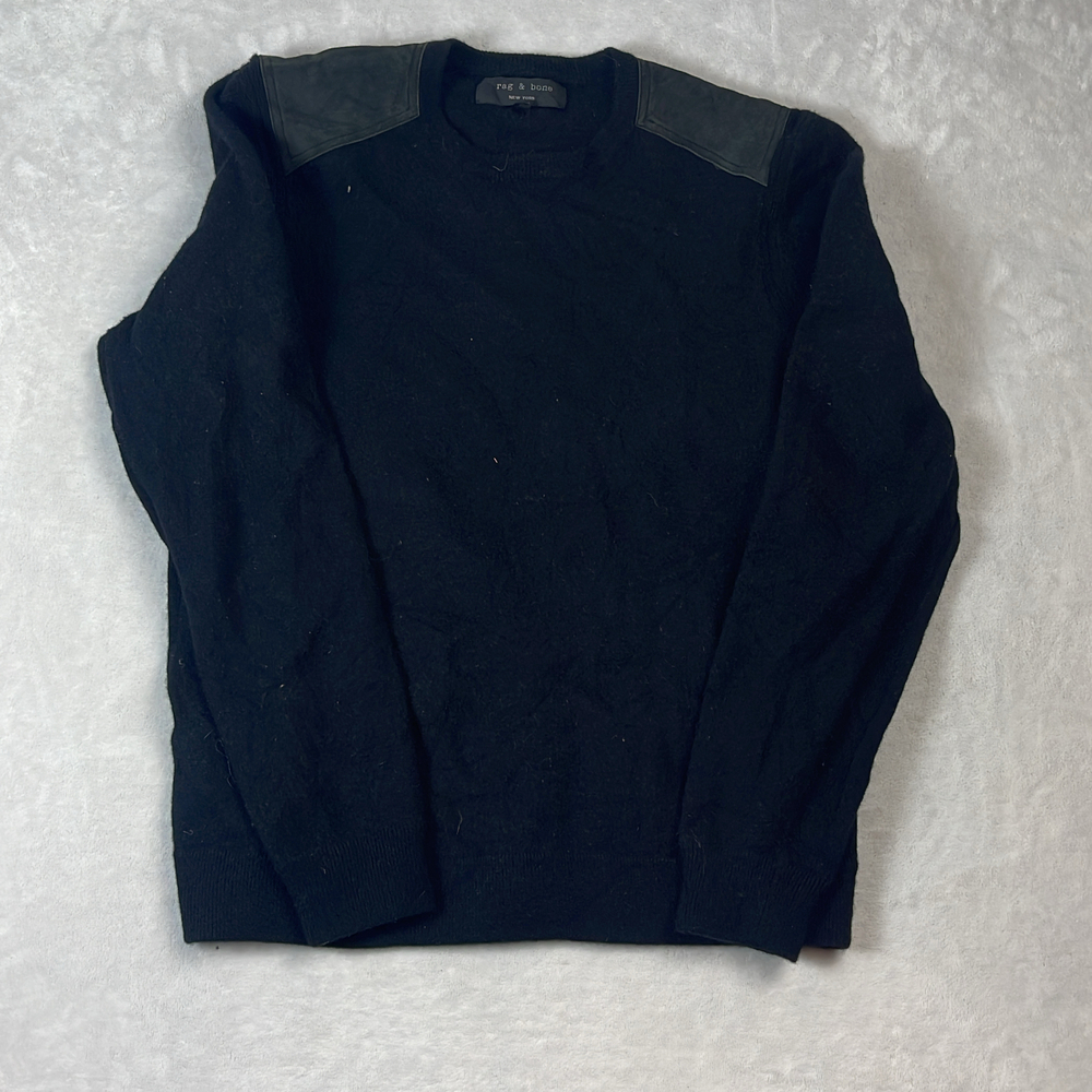 Rag & Bone Men's Black Sweater Size L Merino Wool Lamb Leather Shoulder Patches
